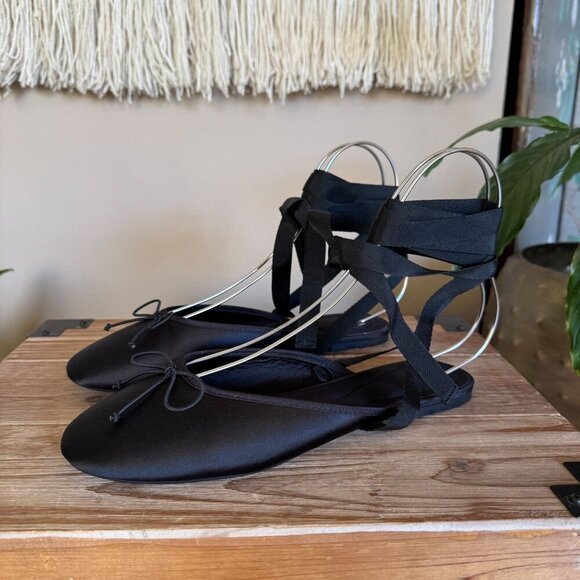 Zara Black Satin Mule Ankle Wrap Bow Detail Minimalist Ballet Flat Size 39 / 8 - Picture 3 of 15